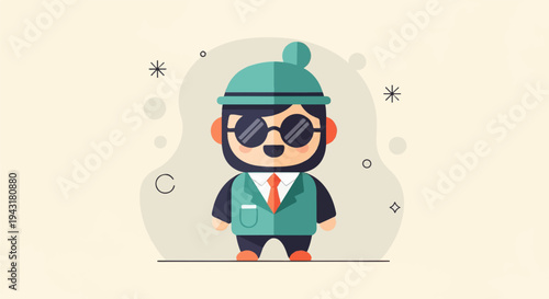 Cartoon character in a hat, sunglasses, and suit against a cream background