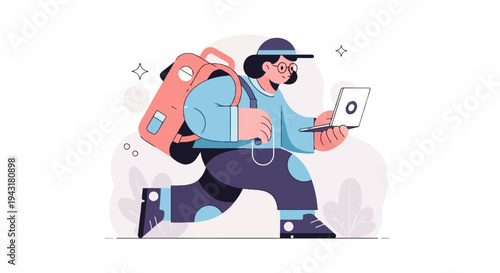 Character with backpack walks, looking at laptop screen