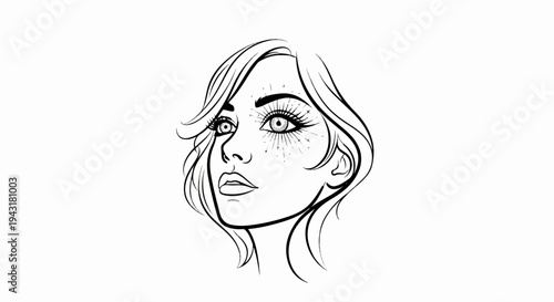 Stylized line art portrait of a young woman looking upwards with dramatic eye makeup