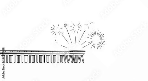 Black and white illustration of fireworks exploding over a decorative structure