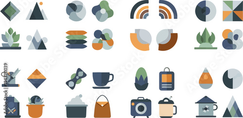 Collection of flat icons featuring geometric shapes, nature, and everyday objects