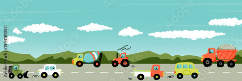 Cars are driving on the road. Banner. Loader, tractor, concrete mixer, passenger cars. Calm landscape, clouds. vector illustration