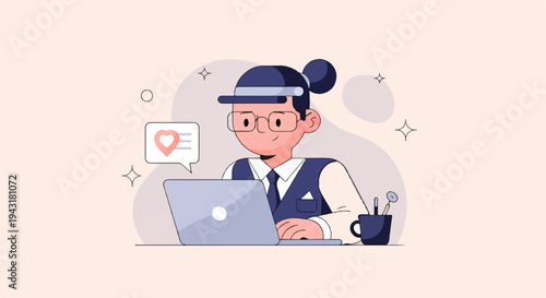 Person with bun and glasses working on laptop, receiving a like notification