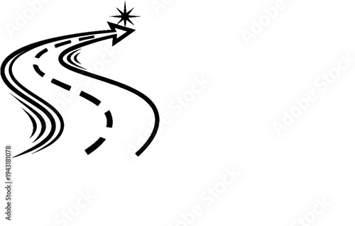 Stylized curved road with dash marks and arrow leading to star