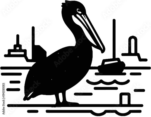 Stylized silhouette of a pelican in a harbor with abstract boats and structures