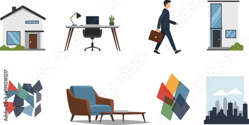 Collection of icons houses, office, businessman, furniture, abstract shapes, cityscape