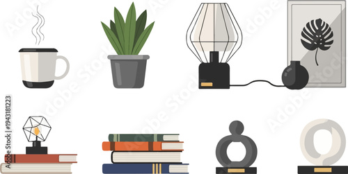 Assorted decorative objects, including a mug, plant, lamps, books, and sculptures