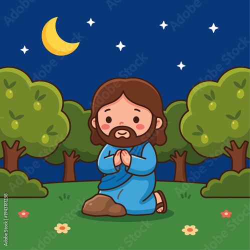 Garden of Gethsemane

Kawaii style flat vector illustration of Jesus praying in the Garden of Gethsemane, Jesus kneeling beside a small rock with hands together, moon and stars in the night sky, olive
