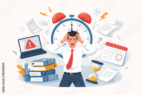 Overwhelmed office worker under pressure with deadlines and time management issues featuring alarm clock, hourglass, calendar, and laptop in a flat vector illustration for business stress.
