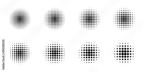 Set of halftone dots gradient pattern texture isolated on white background. Straight dotted spots using halftone circle dot raster texture.