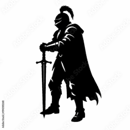 Stoic Medieval Warrior Knight Silhouette Standing with Broadsword and Cape