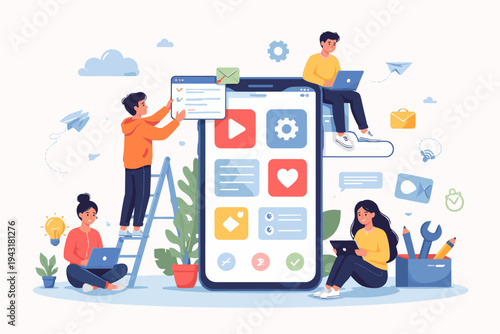Team of software developers and designers working together on mobile app development. Professionals building user interface and experience for a smartphone application. Flat vector illustration.