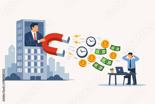 Big business corporation using a large magnet to attract and steal time and money from a stressed small entrepreneur at his desk, representing unfair competition and corporate exploitation vector
