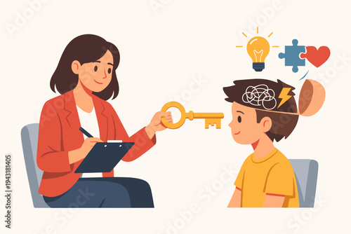 Female Psychologist Using a Golden Key to Unlock a Boy's Mind for Mental Health Therapy, Solving Emotional Problems and Stress, Flat Vector Illustration for Child Counseling and Education Support