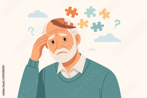 Senior Man with Memory Loss and Cognitive Decline Symbolized by Floating Puzzle Pieces from Head, Concept of Alzheimer's Disease, Dementia, Mental Health Awareness, Aging Brain, and Confusion