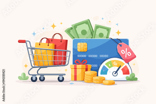 Vector illustration of a shopping cart with bags, blue credit card, cash, coins, gift box, and credit score meter, representing low interest rates, retail discounts, and consumer finance concepts.