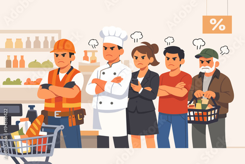 Flat vector illustration of a queue of angry people from different professions waiting in a supermarket line at the checkout, including a chef, construction worker, and business woman with food.