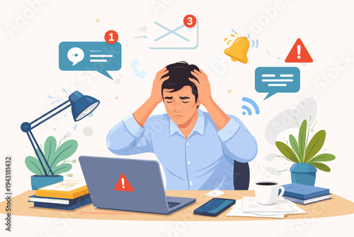 Stressed Man Overwhelmed by Multiple Digital Notifications, Emails, and Messages While Working at Desk with Laptop. Concept of Information Overload, Burnout, and Mental Fatigue in Modern Workplace.