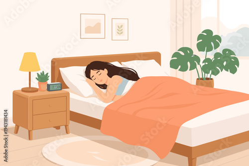 Young woman sleeping peacefully in a cozy bedroom with a wooden bed, orange blanket, nightstand, lamp, alarm clock, and monstera plant, simple flat vector illustration for lifestyle concepts.