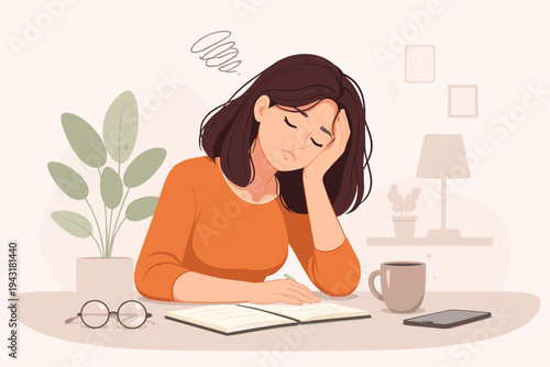 Tired Woman Sitting at Desk Feeling Depressed and Fatigued, Simple Flat Vector Illustration of a Female Student or Worker Suffering from Burnout, Stress, Chronic Fatigue, and Mental Exhaustion.