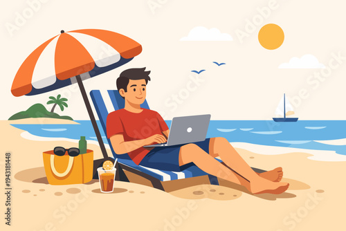 Young man working on a laptop while relaxing on a beach chair under a striped umbrella on a sunny day at the seashore. Digital nomad lifestyle, remote work, and summer vacation concept vector.