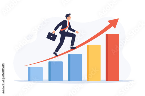 Ambitious businessman in a professional suit carrying a briefcase climbing up a rising bar graph with a red arrow pointing upwards, symbolizing career growth, financial success, and progress.
