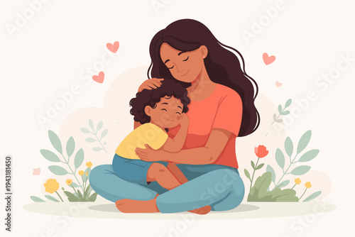 Vector illustration of a loving mother hugging her young child, sitting on the floor surrounded by flowers and hearts. Concept of maternal love, childcare, parenting, and happy family bonding.