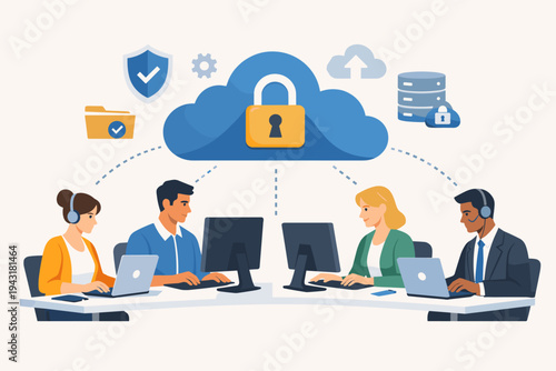 Business people working on computers using secure cloud storage and data protection services. Flat vector illustration of professional team collaborating with network and cyber security icons.