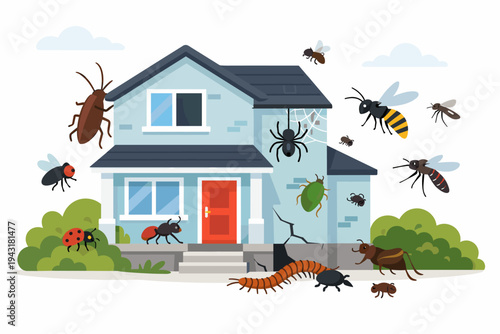 Vector Illustration of Various Insects Invading a Residential House for Pest Control Concept; Features Cockroach, Spider, Bee, Fly, Ant, and Centipede for Home Infestation and Hygiene Themes.