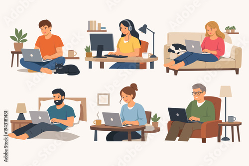 Diverse Men and Women Working from Home on Laptops and Computers in Various Settings Like Sofa, Bed, and Desk. Flat Vector Illustration of Remote Work, Telecommuting, and Freelance Lifestyle with