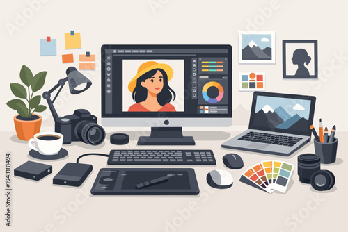 Modern creative workspace vector of a graphic designer and photo retoucher with desktop monitor, laptop, graphics tablet, professional camera, color swatches, and office equipment on a desk.
