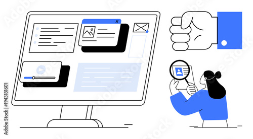 User experience concept. User experience ed with digital interface, icons, and analytical visuals. User experience design enhances screen navigation and data engagement. For tech, design, education