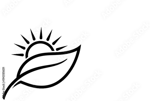 Stylized sun rising over a single leaf with stem