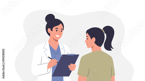 A female medical professional in a lab coat takes notes while speaking with a patient