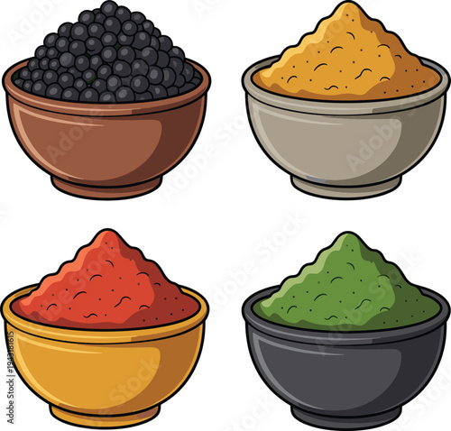 Colorful spice powder bowls collection, assorted cooking seasonings and masala ingredients in ceramic bowls, vector illustration isolated for kitchen food design