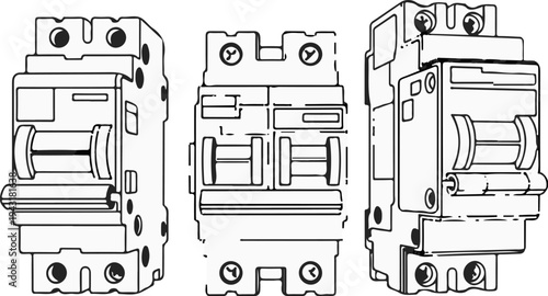 Three line drawings of electrical circuit breakers, viewed from different angles