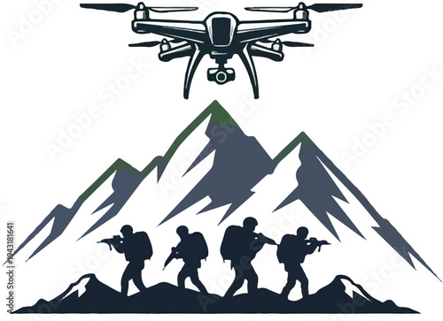 Aerial drone surveys mountainous terrain with armed soldiers below