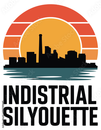 Industrial City Silhouette at Sunset with Smokestacks and WaterStock Graphic