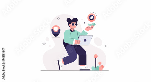 Person with laptop, navigation icons, abstract shapes, and plants