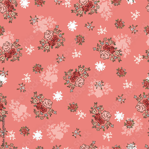 Romantic red blush floral bouquet for textile print for fabric, seamless pattern on coral pink background