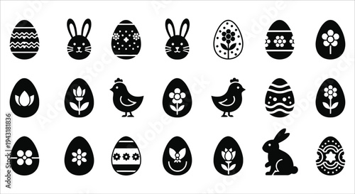 A collection of black and white easter egg bunny and chick icons for spring holiday design projects Vector