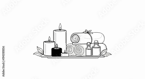 A still life of spa essentials including rolled towels, candles, and bottles