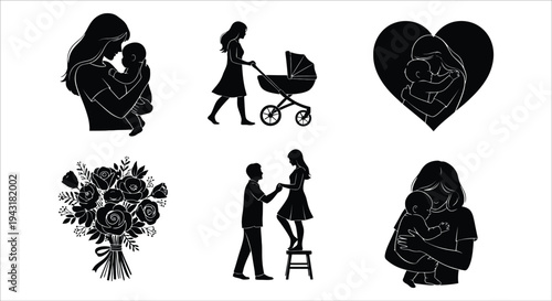 Silhouette collection of mother and baby moments, a woman with a stroller, and a floral bouquet Vector