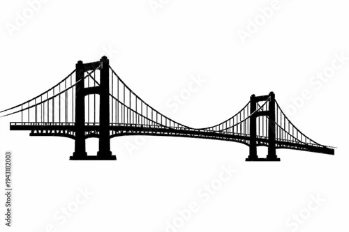 Minimalist Black Suspension Bridge Silhouette Isolated on a White Background