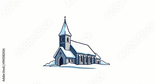 Stylized winter church with snow-covered roof and grounds