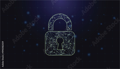 Digital security padlock polygonal network on dark background