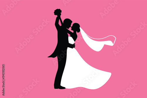 silhouette of a dancing bride and groom on pink