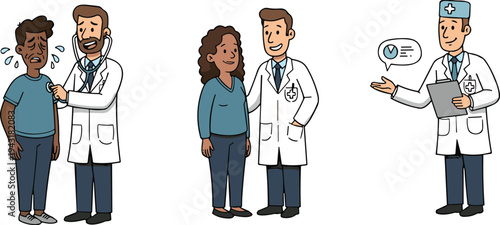 Doctor examining crying patient with stethoscope, comforting recovered woman, and presenting medical data charts, professional healthcare services, clinical consultation, and patient care set.