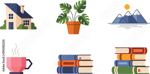A cozy home scene with a potted plant, mountains, a steaming cup, and stacks of books