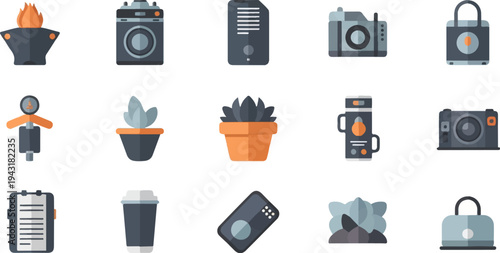 Flat icons of office items, cameras, and plants